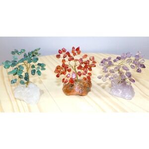 Set of 3 Gemstone‎ Bonsai Trees Jade Amethyst & Carnelian Copper Wire Sculpture